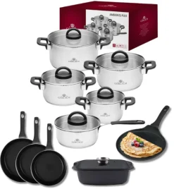 GERLACH AMBIENTE PLUS Komplet Garnki z pokrywkami 10 el - stal nierdzewna 18/10 + Patelnia Harmony Classic 20, 24, 28 cm + Patelnia naleśnikowa Harmony Classic 26 cm + Brytfanna Granitex