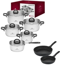 GERLACH AMBIENTE PLUS Komplet Garnki z pokrywkami 10 el - stal nierdzewna 18/10 + Patelnia Granitex 20, 28 cm
