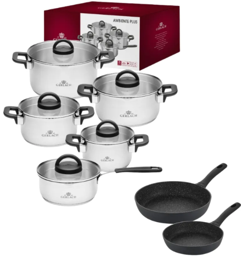 GERLACH AMBIENTE PLUS Komplet Garnki z pokrywkami 10 el - stal nierdzewna 18/10 + Patelnia Granitex 20, 28 cm