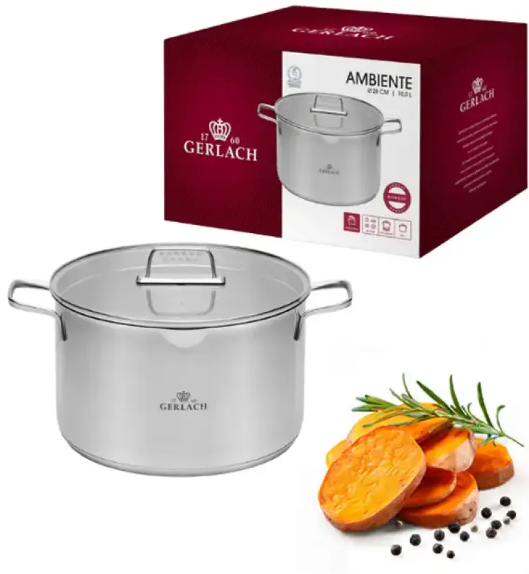 GERLACH BRAVA Komplet Garnki z pokrywkami 8 el + garnek 7 l + 10 l + Brytfanna Granitex