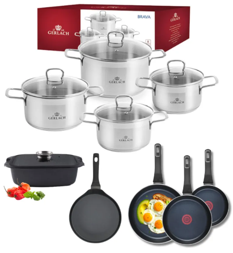 GERLACH BRAVA Komplet Garnki z pokrywkami 8 el + patelnie Gerlach Ambiente 20, 24, 28 cm + Patelnia naleśnikowa 26 cm + Brytfanna Granitex