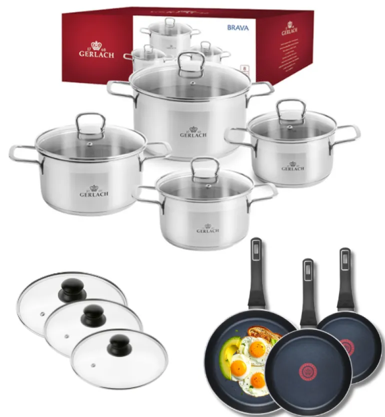 GERLACH BRAVA Komplet Garnki z pokrywkami 8 el + patelnie Gerlach Ambiente 20, 24, 28 cm + pokrywki szklane