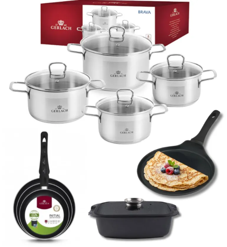 GERLACH BRAVA Komplet Garnki z pokrywkami 8 el + patelnie Gerlach Initial 20, 24, 28 cm + patelnia naleśnikowa 26 cm + Brytfanna