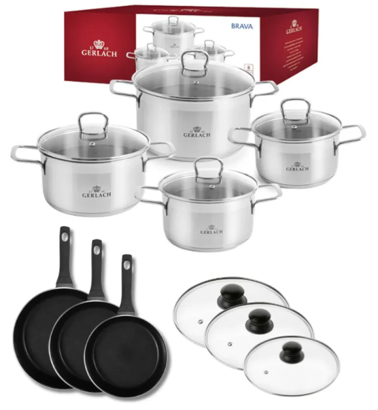 GERLACH BRAVA Komplet Garnki z pokrywkami 8 el + patelnie Gerlach Harmony Classic 20, 24, 28 cm + pokrywki szklane