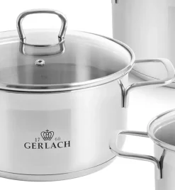 GERLACH BRAVA Komplet Garnki z pokrywkami 8 el + patelnie Gerlach Granitex 20, 24, 28 cm + patelnia naleśnikowa 26 cm+ Brytfanna 32 cm