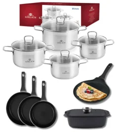 GERLACH BRAVA Komplet Garnki z pokrywkami 8 el + patelnie Gerlach Harmony Classic 20, 24, 28 cm + naleśnikowa 26 cm+ Brytfanna