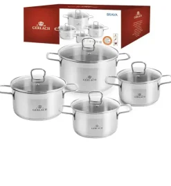 GERLACH BRAVA Komplet Garnki z pokrywkami 8 el + patelnie Gerlach Ambiente 28, 20 cm + pokrywki szklane