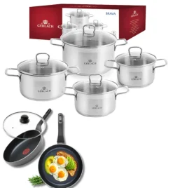 GERLACH BRAVA Komplet Garnki z pokrywkami 8 el + patelnie Gerlach Ambiente 28, 20 cm + pokrywki szklane