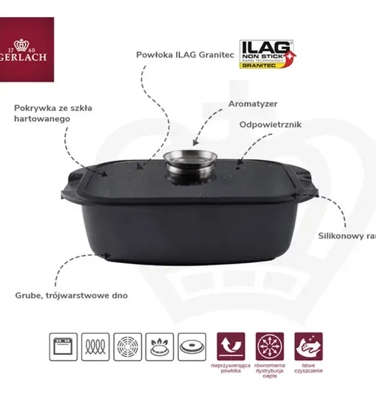 GERLACH BRAVA Komplet Garnki z pokrywkami 8 el + Brytfanna 32 cm z pokrywką Gerlach Granitex / powłoka ILAG Granitec®