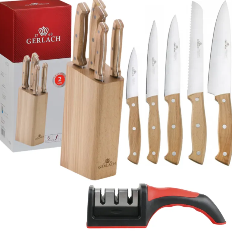 GERLACH COUNTRY 959A Komplet 5 noży w bloku + ostrzałka 3w1 uni czerwona