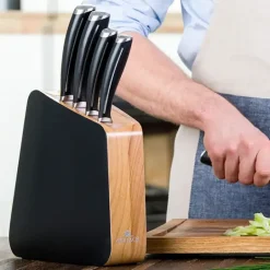 GERLACH LOFT Komplet 5 noży w bloku + Gerlach Natur Tasak z deską do ziół + deska dębowa + nożyce