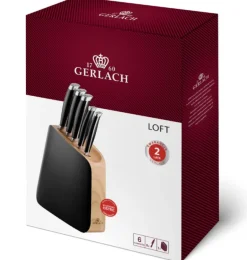 GERLACH LOFT Komplet 5 noży w bloku + Gerlach Natur Tasak z deską do ziół + deska dębowa + nożyce