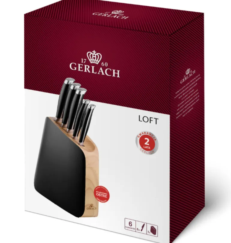 GERLACH LOFT Komplet 5 noży w bloku + Gerlach Natur Tasak z deską do ziół + deska dębowa + nożyce
