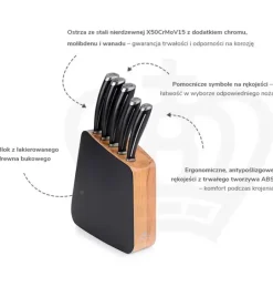 GERLACH LOFT Komplet 5 noży w bloku + Gerlach Natur Tasak z deską do ziół + deska dębowa + nożyce