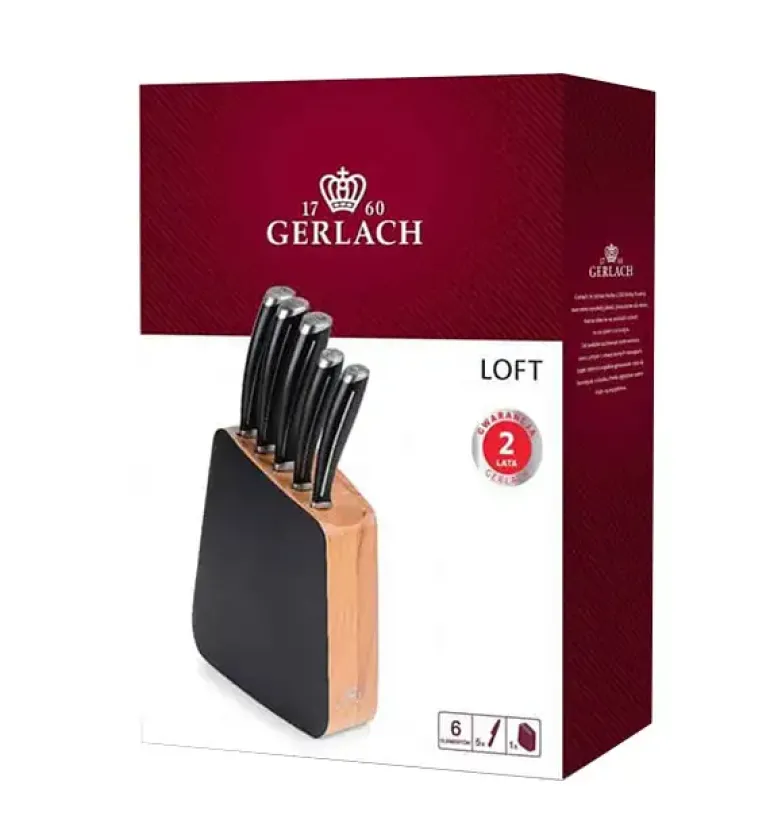 GERLACH LOFT Komplet 5 noży w bloku + ostrzałka 3w1 uni czarna