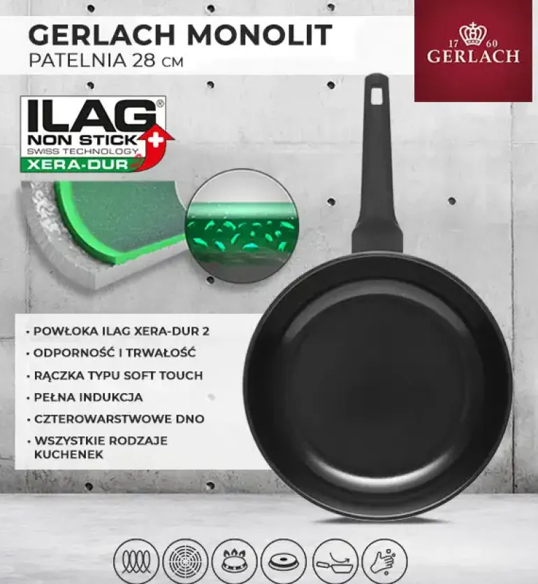GERLACH MONOLIT Patelnia 28 cm / szwajcarska powłoka ceramiczną ILAG Xera Dur 2® / aluminium