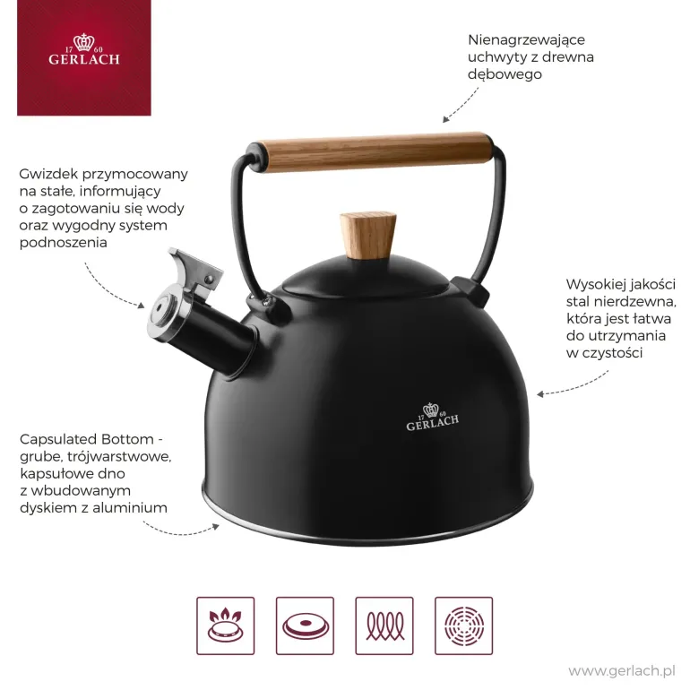 GERLACH NATUR Czajnik 2,5 L / czarny mat z drewnianą rączką / stal nierdzewna