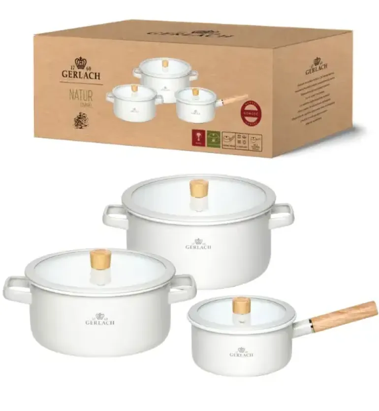 GERLACH NATUR ENAMEL Komplet Garnki z pokrywkami 6 el / biały / emalia