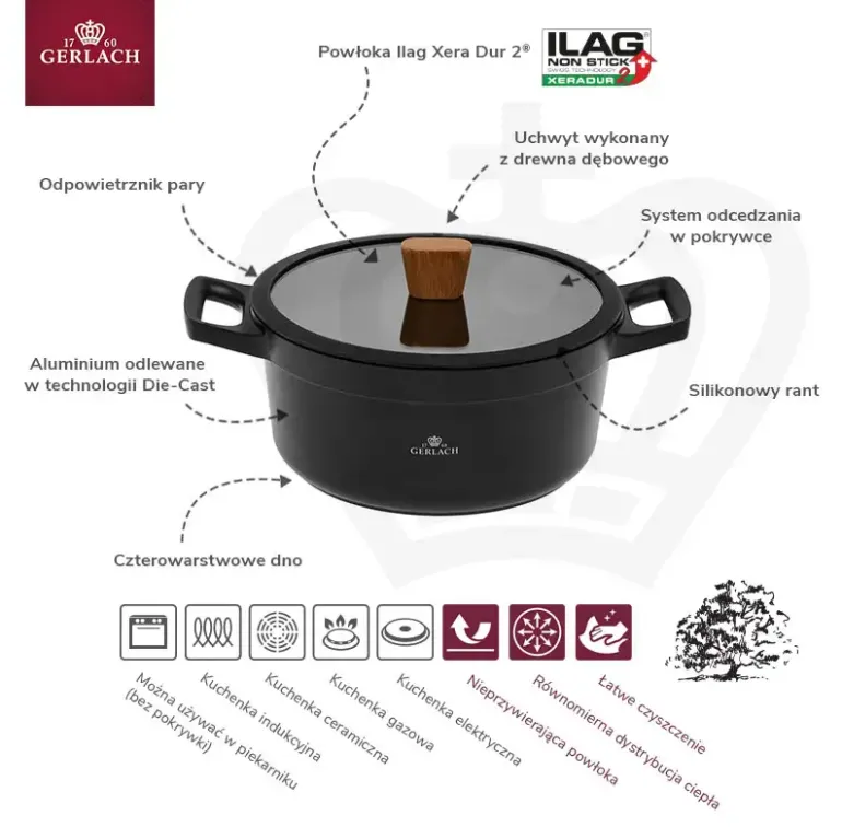 GERLACH NATUR Garnek 4,5 L z pokrywką 24 cm / 2 elementy / powłoka ILAG Xera Dur 2 Ceramic / indukcja