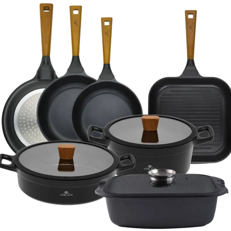 GERLACH NATUR Komplet garnków 24, 28 cm + Patelnie 20, 24, 28 cm + patelnia grillowa 24 cm + Brytfanna Granitex