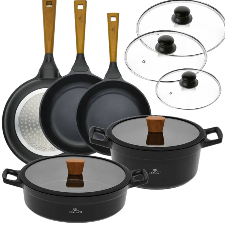 GERLACH NATUR Komplet 2 garnków + Patelnie Natur 20, 24, 28 cm + pokrywki szklane