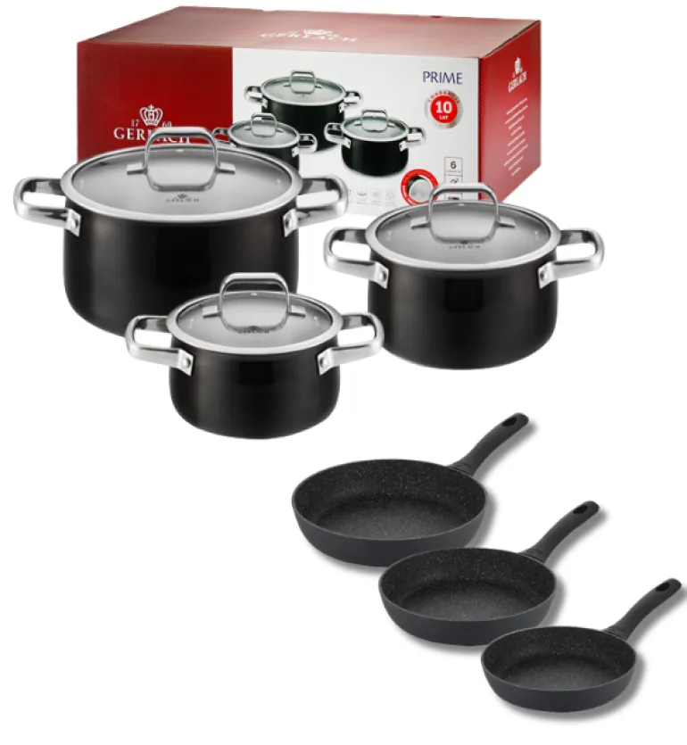 GERLACH PRIME Komplet Garnki z pokrywkami 6 el + patelnie Gerlach Granitex 20, 24, 28 cm