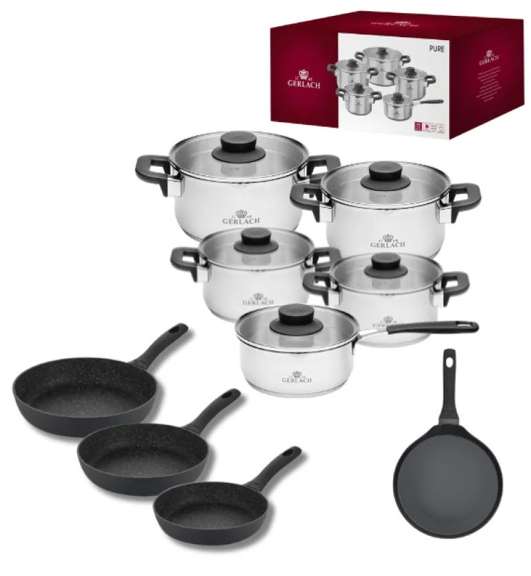 GERLACH PURE Komplet Garnki z pokrywkami 10 el / indukcja + Gerlach Granitex Patelnia 20, 24, 28 cm + Patelnia naleśnikowa 26 cm