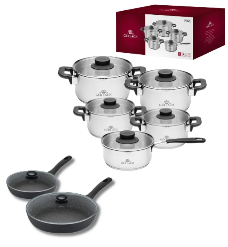 GERLACH PURE Komplet Garnki z pokrywkami 10 el / indukcja + Gerlach Granitex Patelnia 20, 28 cm + pokrywki szklane