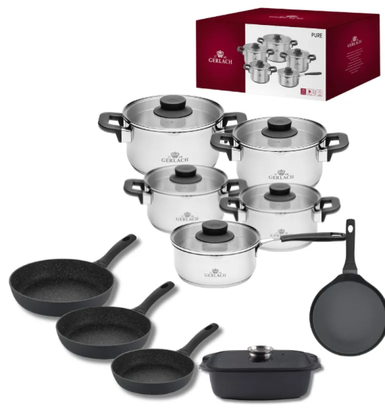 GERLACH PURE Komplet Garnki z pokrywkami 10 el / indukcja + Gerlach Granitex Patelnia 20, 24, 28 cm + Patelnia naleśnikowa 26 cm + Brytfanna Granitex z pokrywką