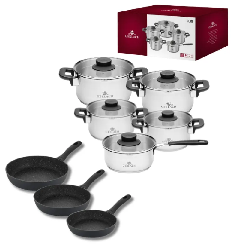 GERLACH PURE Komplet Garnki z pokrywkami 10 el / indukcja + Gerlach Granitex Patelnia 20, 24, 28 cm