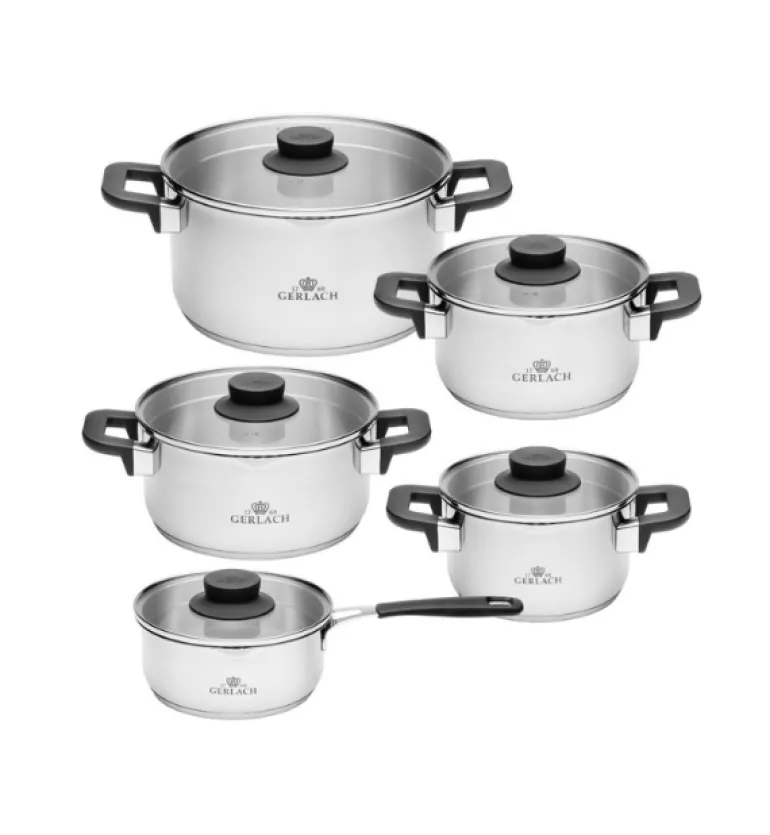 GERLACH PURE Komplet Garnki z pokrywkami 10 el / indukcja + Gerlach Ambiente Patelnia 20, 28 cm + pokrywki szklane