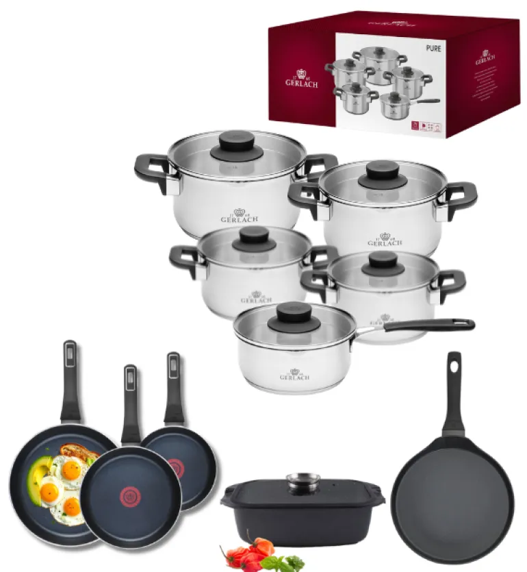 GERLACH PURE Komplet Garnki z pokrywkami 10 el / indukcja + Gerlach Ambiente Patelnia 20, 24, 28 cm + Patelnia naleśnikowa Harmony 26 cm + Brytfanna Granitex