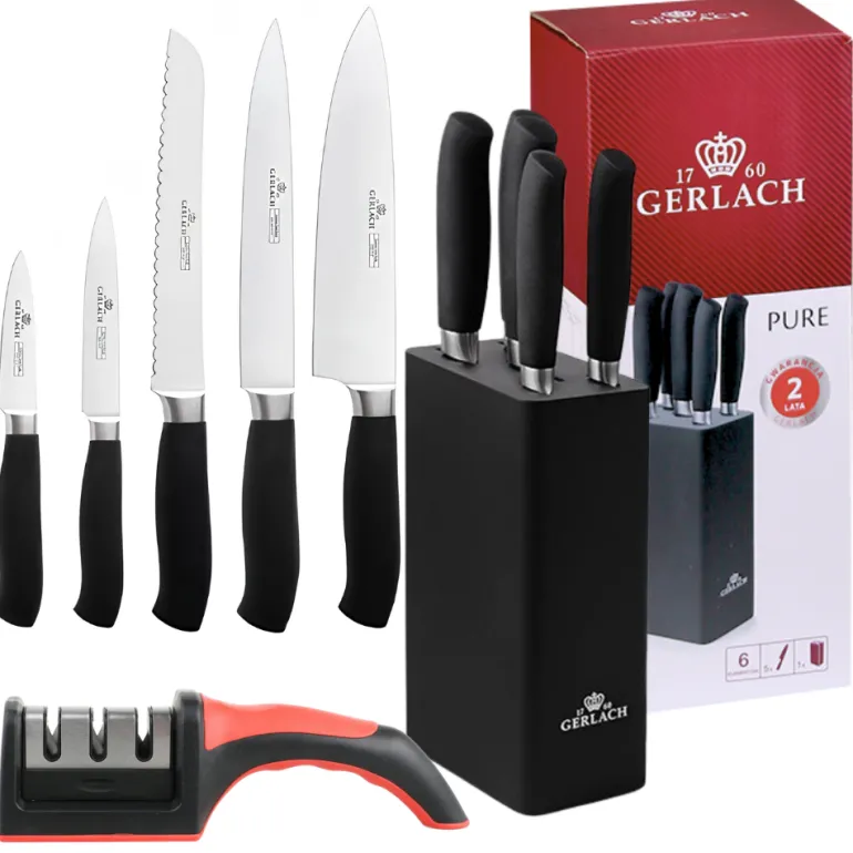 GERLACH PURE Komplet 5 noży w bloku + ostrzałka 3w1 uni czerwona