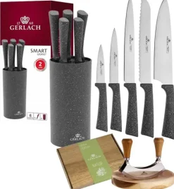GERLACH SMART GRANIT Komplet 5 noży w bloku + Tasak do ziół z deską +deska Natur mała