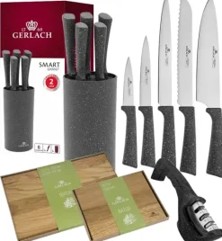 GERLACH SMART GRANIT Komplet 5 noży w bloku + ostrzałka 3w1 +komplet dwóch desek dębowych
