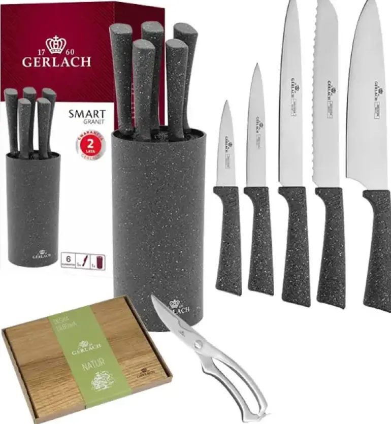 GERLACH SMART GRANIT Komplet 5 noży w bloku + nożyce do drobiu + deska dębowa
