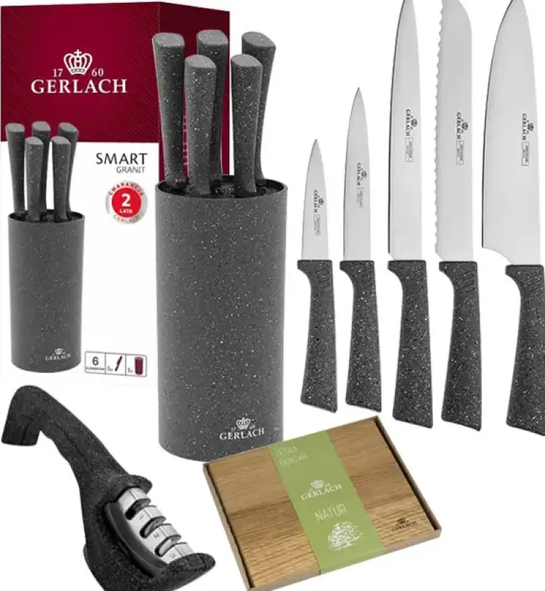 GERLACH SMART GRANIT Komplet 5 noży w bloku + ostrzałka 3w1 +deska drewniana Natur