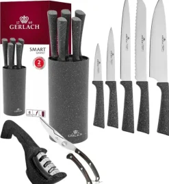 GERLACH SMART GRANIT Komplet 5 noży w bloku + ostrzałka 3w1 + nożyce drewniane do drobiu