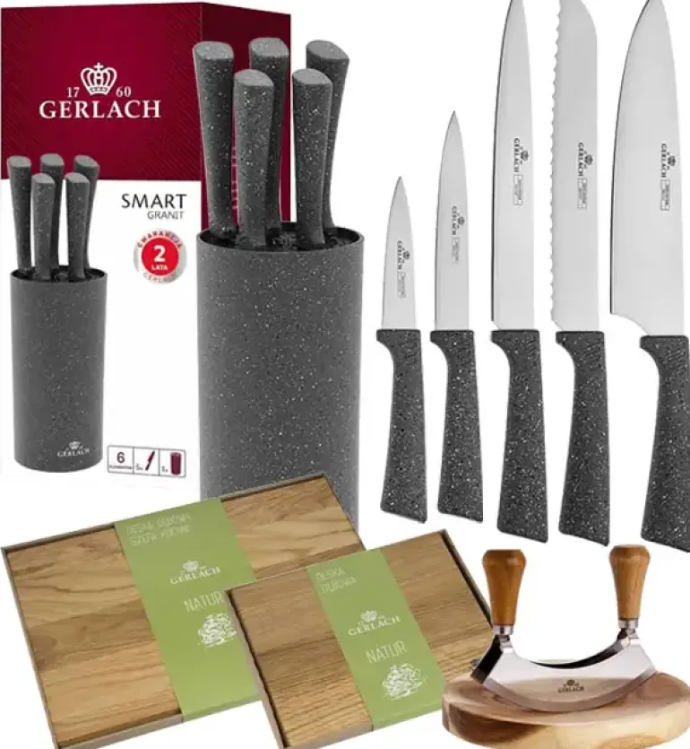 GERLACH SMART GRANIT Komplet 5 noży w bloku + Tasak do ziół z deską +komplet dwóch desek