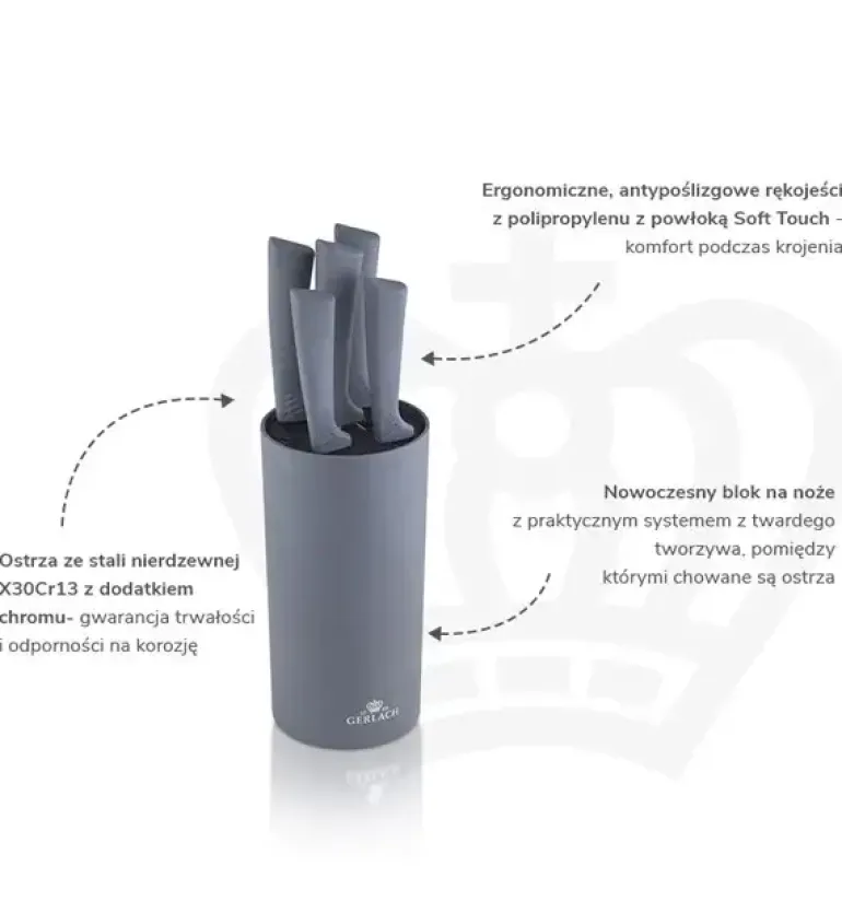 GERLACH SMART GREY Komplet 5 noży w bloku + ostrzałka 2w1 + komplet desek dębowych