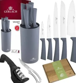 GERLACH SMART GREY Komplet 5 noży w bloku + nożyce do drobiu+ deska mała+ ostrzałka 3w1