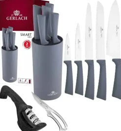 GERLACH SMART GREY Komplet 5 noży w bloku + nożyce do drobiu+ ostrzałka 3w1