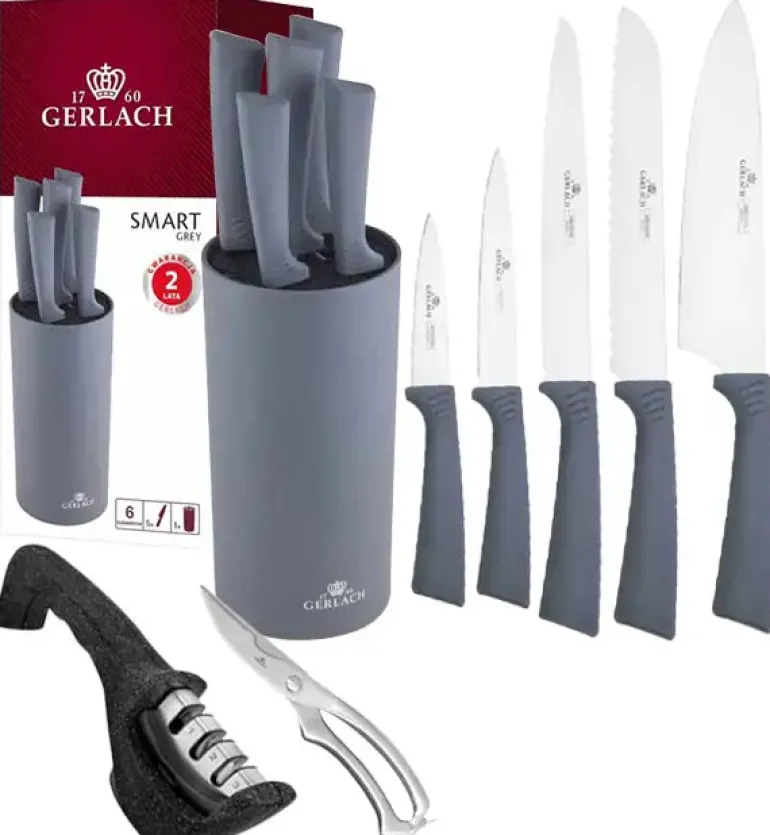 GERLACH SMART GREY Komplet 5 noży w bloku + nożyce do drobiu+ ostrzałka 3w1