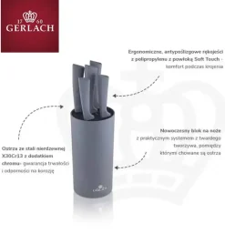 GERLACH SMART GREY Komplet 5 noży w bloku + ostrzałka 3w1 uni czarna