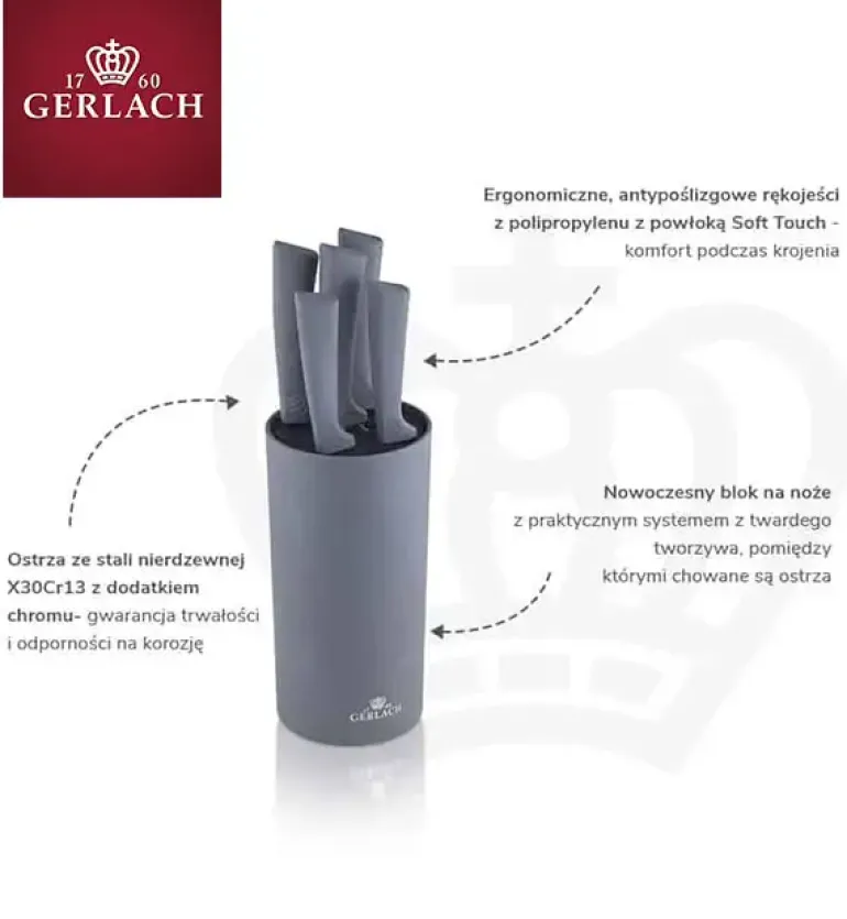 GERLACH SMART GREY Komplet 5 noży w bloku + ostrzałka 3w1 uni czerwona