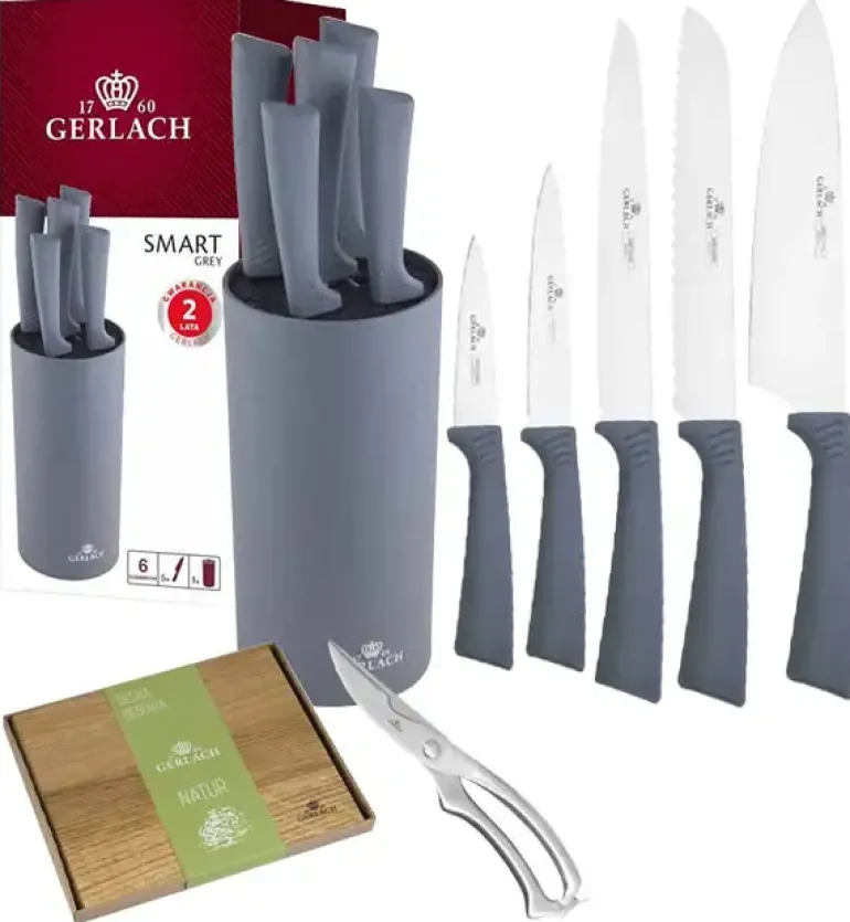 GERLACH SMART GREY Komplet 5 noży w bloku + nożyce do drobiu + deska dębowa
