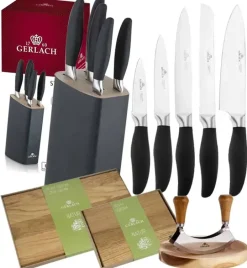 GERLACH STYLE Komplet 5 noży w bloku + Natur Tasak do ziół z deską +komplet desek dębowych