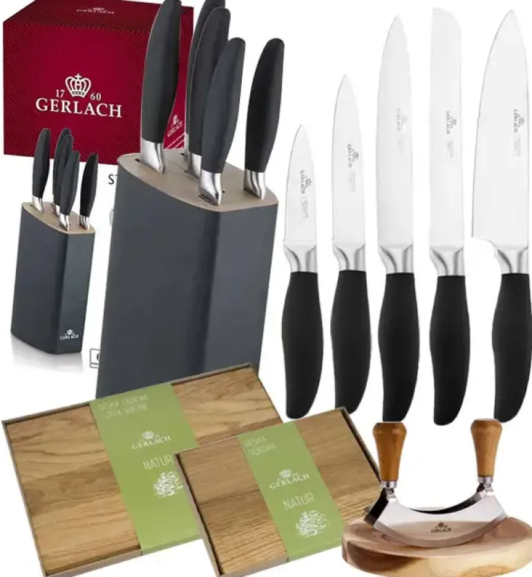GERLACH STYLE Komplet 5 noży w bloku + Natur Tasak do ziół z deską +komplet desek dębowych