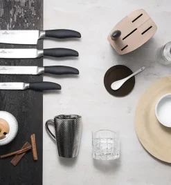 GERLACH STYLE PLUS Komplet 5 noży w bloku + ostrzałka Granitex 3w1 + deska dębowa Natur