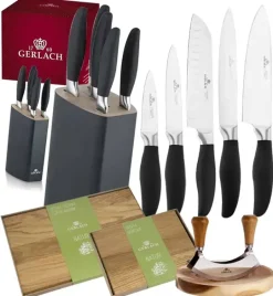 GERLACH STYLE PLUS Komplet 5 noży w bloku + Natur Tasak do ziół + deski Natur